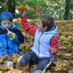 Dwóch chłopców siedzi na liściach w parku. jeden podrzuca liście do góry.